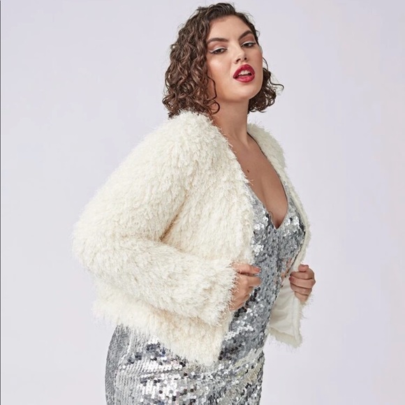 Ivory Open Front Faux Fur Blazer Jacket - Picture 2 of 6